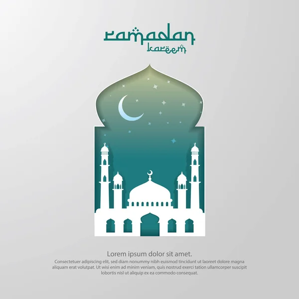 Ramadan Kareem design de cartão de saudação islâmica com elemento mesquita cúpula 3D na porta ou janela com estilo de corte de papel. fundo Ilustração vetorial . — Vetor de Stock