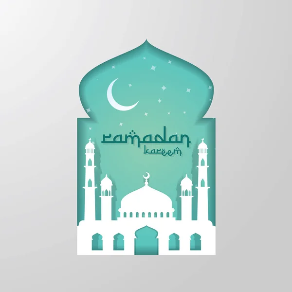 Ramadan Kareem islamitische wenskaart ontwerp met 3d dome moskee element in de deur of venster met papier knippen stijl. achtergrond vectorillustratie. — Stockvector