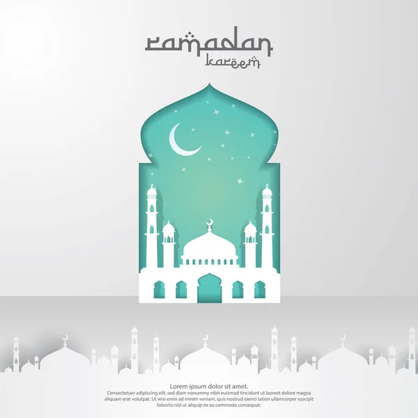 Ramadan Kareem design de cartão de saudação islâmica com elemento mesquita cúpula 3D na porta ou janela com estilo de corte de papel. fundo Ilustração vetorial . — Vetor de Stock