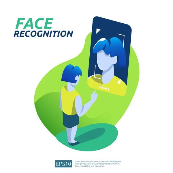 Face recognition system scanning on smartphone. facial biometric data identification security. web landing page template, banner, presentation, social, poster, ad, promotion or print media. — Stock Vector