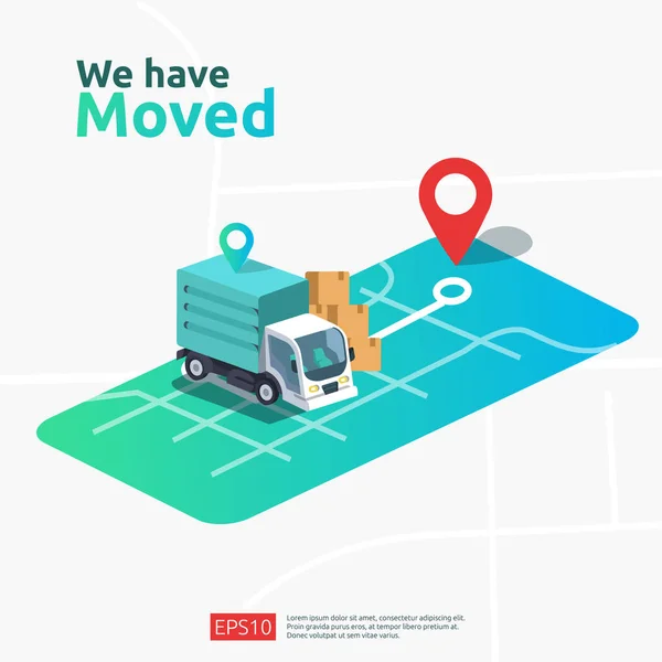 Vektör illüstrasyon kavramını değiştirdik. İniş sayfası şablonu, mobil uygulama, poster, afiş, el ilanı, ui, web ve arkaplan için yeni konum duyurusu iş yeri, ev ya da ofis adresi