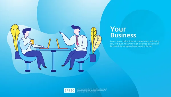 Businessman idea and meeting teamwork. Business illustration of brainstorm or group discussion concept with man character and laptop in the workplace desk office. Vector illustration in flat style. — 스톡 벡터