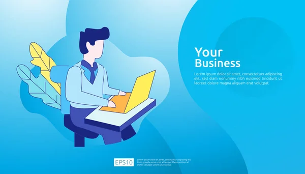 Businessman working at a laptop computer in the workplace desk office. Business illustration concept for remote work or freelance with man character. Vector illustration in flat style. — 스톡 벡터