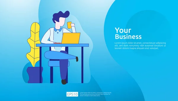 Businessman working at a laptop computer in the workplace desk office. Business illustration concept for remote work or freelance with man character. Vector illustration in flat style. — 스톡 벡터
