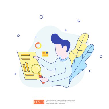 İş piyasası araştırmaları için dijital analiz konsepti, pazarlama stratejisi, denetleme ve finans. İniş sayfası, bayrak, sunum için karakter, grafikler ve istatistikler içeren veri görselleştirmesi