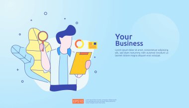 İş piyasası araştırmaları için dijital analiz konsepti, pazarlama stratejisi, denetleme ve finans. İniş sayfası, bayrak, sunum için karakter, grafikler ve istatistikler içeren veri görselleştirmesi