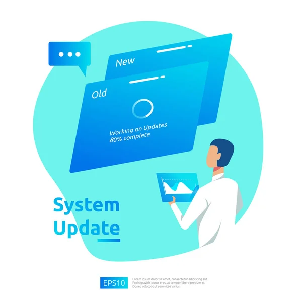 Aggiornare il concetto di avanzamento del sistema operativo, sincronizzare i dati processo e programma di installazione. illustrazione web landing page modello, banner, presentazione, interfaccia utente, poster, annuncio, promozione o stampa . — Vettoriale Stock