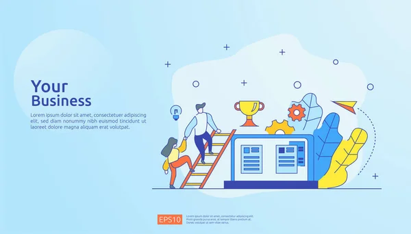 Business concept with stair, trophy cup and tiny people. direction to success. Finance growth vision, winner victory achievement award and personal career development flat style vector illustration — 스톡 벡터