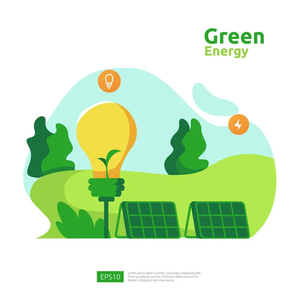 Green clean energy sources with renewable electric sun solar panel and wind turbines. environmental concept for web landing page template, banner, presentation, social, and print media — Stock Vector