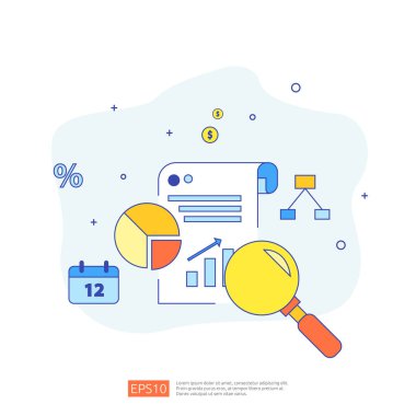 belge veri raporu konsepti yatırım analizi, planlama araştırması, iş istatistikleri ve mali denetim hesapları kağıt tablosu, dizüstü bilgisayar, büyüteç, evrak, grafikler, grafik elementi