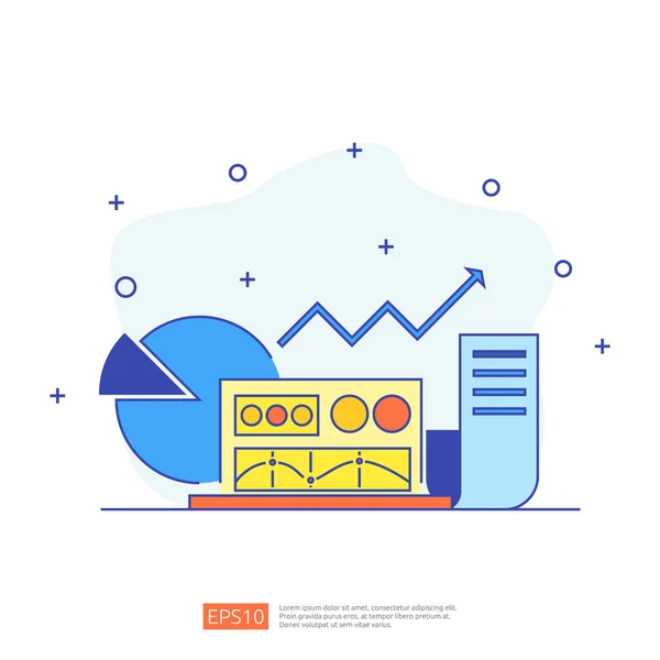 Document comptable données rapport concept pour les statistiques d'entreprise, analyse des investissements, recherche de planification et audit des finances avec feuille de papier graphique, ordinateur portable, loupe, paperasse, graphiques, éléments graphiques — Image vectorielle