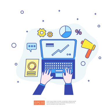 Belge veri raporlu pazarlama kavramı. iş istatistikleri, yatırım analizleri, planlama ve finans denetimi kağıt tablosu, dizüstü bilgisayar, büyüteç, evrak, çizelge, grafik ögesi