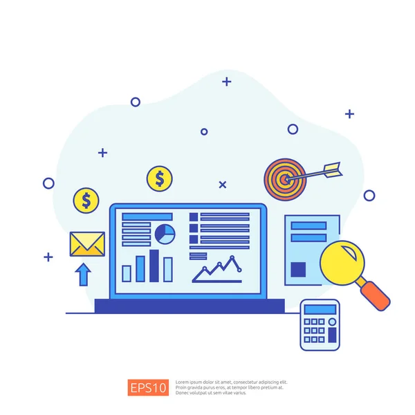 Marketingkonzept mit Dokumentendatenreport. Unternehmensstatistiken, Investitionsanalyse, Planungsforschung und Finanzprüfung mit Papierblattdiagramm, Laptop, Lupe, Papierkram, Diagrammen, Graphikelement — Stockvektor