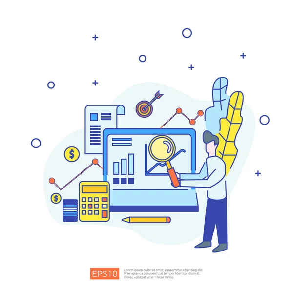 Concepto de marketing con informe de datos de documentos. estadísticas de negocios, análisis de inversiones, investigación de planificación y auditoría financiera con carta de hojas de papel, computadora portátil, lupa, papeleo, gráficos, elementos gráficos — Vector de stock