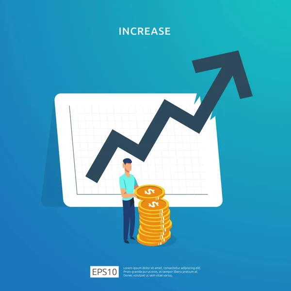 Finance performance of return on investment ROI. income salary rate increase concept illustration with people character and up arrow. business profit growth sale grow margin revenue with dollar symbol