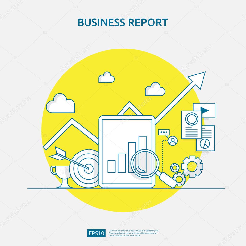 chart document data report concept for business statistics, investment analysis, planning research and finance audit accounting with paper sheet, hands, magnifier, paperwork, charts, graphs element