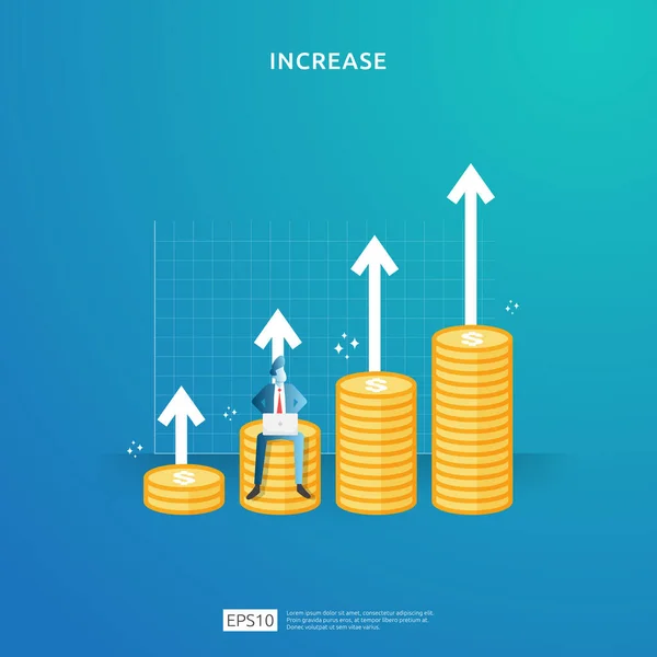Finance performance concept. business profit increase with growth up arrow and people character. income salary rate grow margin revenue with dollar symbol. return on investment ROI vector illustration