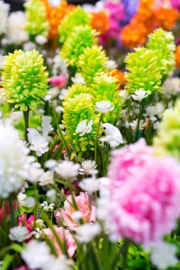 Yeşil yapay ağaçlar ve beyaz sahte kuş