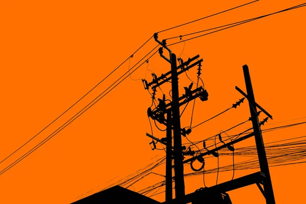 Silhouet van elektrische kabel opknoping op de paal — Stockfoto
