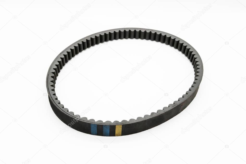 Timing belt for motorcycle engine isolated white