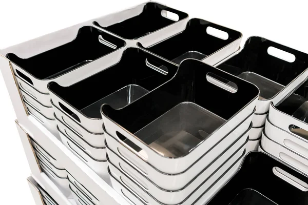 Stack of black plastic trays arrangement for background — Stock Photo, Image