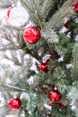 Spr altında asılı parlak gümüş ve kırmızı Noel topları kadar kapalı