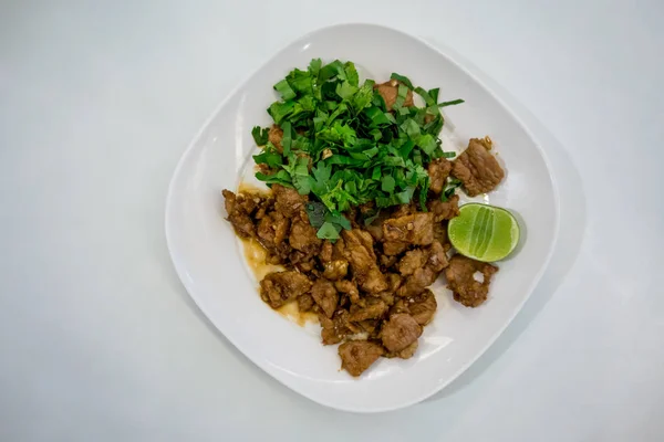Revuelve Cerdo Frito Rodajas Con Ajo Cocina Tailandesa Simple Popular — Foto de Stock