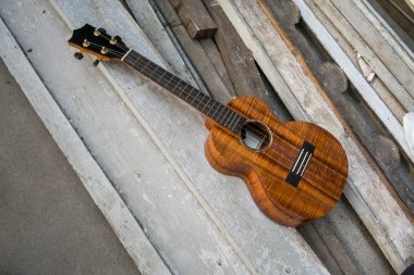 Kıvırcık koa ukulele parlak ahşap arka planı tamamlandı. 