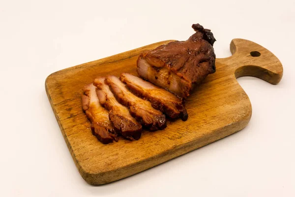 Slices Roasted Bbq Red Pork Chinese Style Wooden Cutting Board — Stock Photo, Image