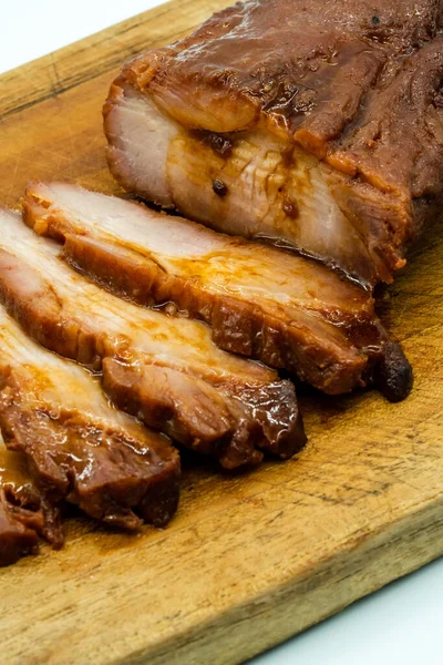 Fatias Carne Porco Assada Churrasco Vermelho Estilo Chinês Placa Corte — Fotografia de Stock
