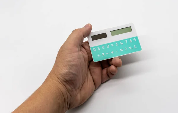 Mini Calculadora Bolsillo Mano Colores Blanco Verde Aislado Sobre Fondo — Foto de Stock