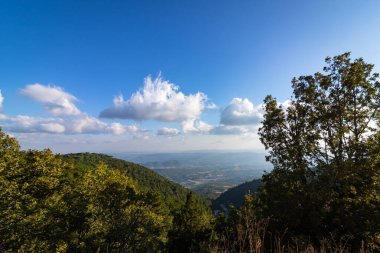 Sakarya / Türkiye 'de ormanla kaplı tepelerin tepelerinden gelen bulut ve düzlükler