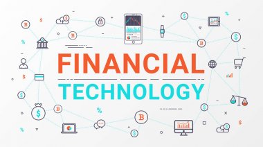 Fintech - Finans teknolojileri ve blockchain teknoloji. Ticari yatırım bilgi grafik bitcoin simgesi. Düz çizgi stili tasarım web afiş, iş başlangıç, ticari, afiş tasarımı ve reklam. Vektör çizim.