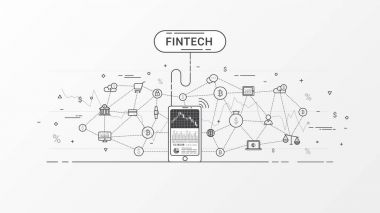 Fintech - Finans teknolojileri ve blockchain teknoloji. Finans teknolojileri ve iş yatırım Infographic. Ticaret dizin üstünde hareket eden telefon. Vektör çizim.