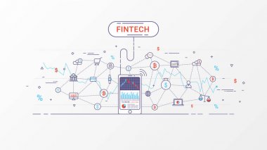 Fintech - Finans teknolojileri ve blockchain teknoloji. Finans teknolojileri ve iş yatırım Infographic. Ticaret dizin üstünde hareket eden telefon. Vektör çizim.