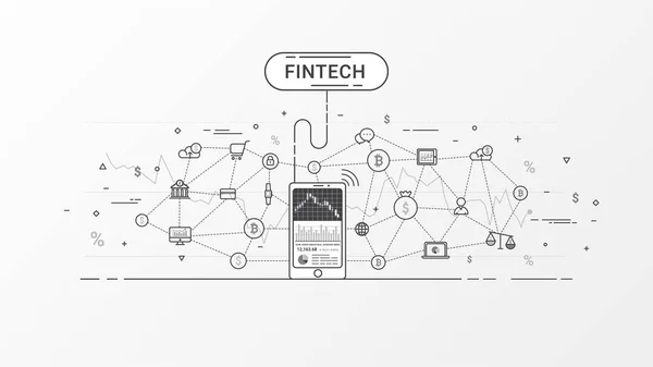 Fintech - Finanztechnologie und Blockchain-Technologie. Infografik zu Finanztechnologie und Unternehmensinvestitionen. Trading Index auf dem Mobiltelefon. Vektorillustration. — Stockvektor