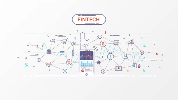 Fintech - Finans teknolojileri ve blockchain teknoloji. Finans teknolojileri ve iş yatırım Infographic. Ticaret dizin üstünde hareket eden telefon. Vektör çizim. — Stok Vektör