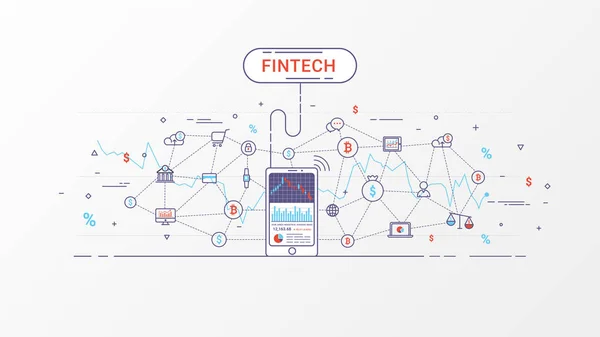 Fintech - pénzügyi technológia és blockchain technológia. Pénzügyi technológia és az üzleti befektetési infographic. Kereskedés index-ra mozgatható telefon. Vektoros illusztráció. — Stock Vector