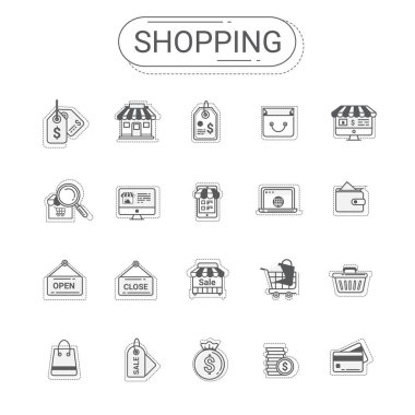 Alışveriş ve ticaret Icons set. Düz çizgi Simge stili renkli ve renk sakin ol tarafından vektör modern tasarım oluşturun. Küme alışveriş afiş, bilgi grafik, kupon ve promosyon için kullanılabilir.