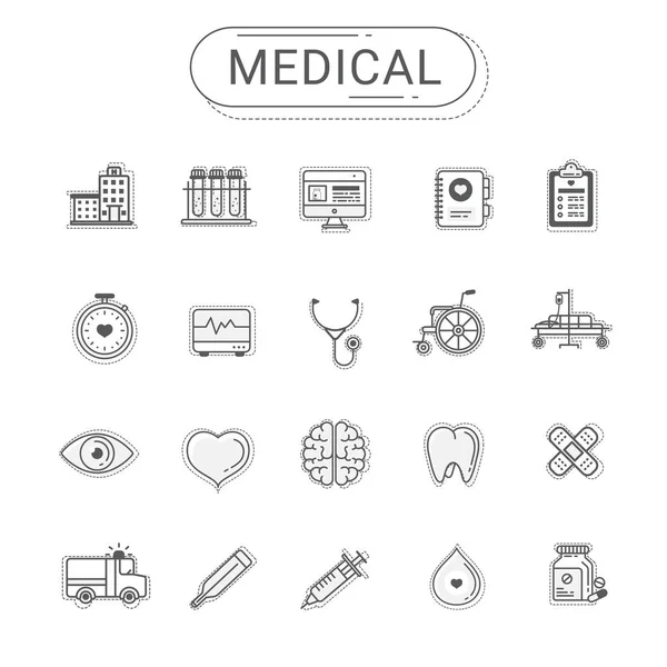 Medizinische Ikonen gesetzt. Gesundheitswesen flache Linie Symbolstil erzeugen durch Vektor. Grautöne Silhouette auf weißem Hintergrund. das Set kann für Krankenhaus-Website, Gesundheitsbanner, Infografiken und mobile App verwendet werden — Stockvektor
