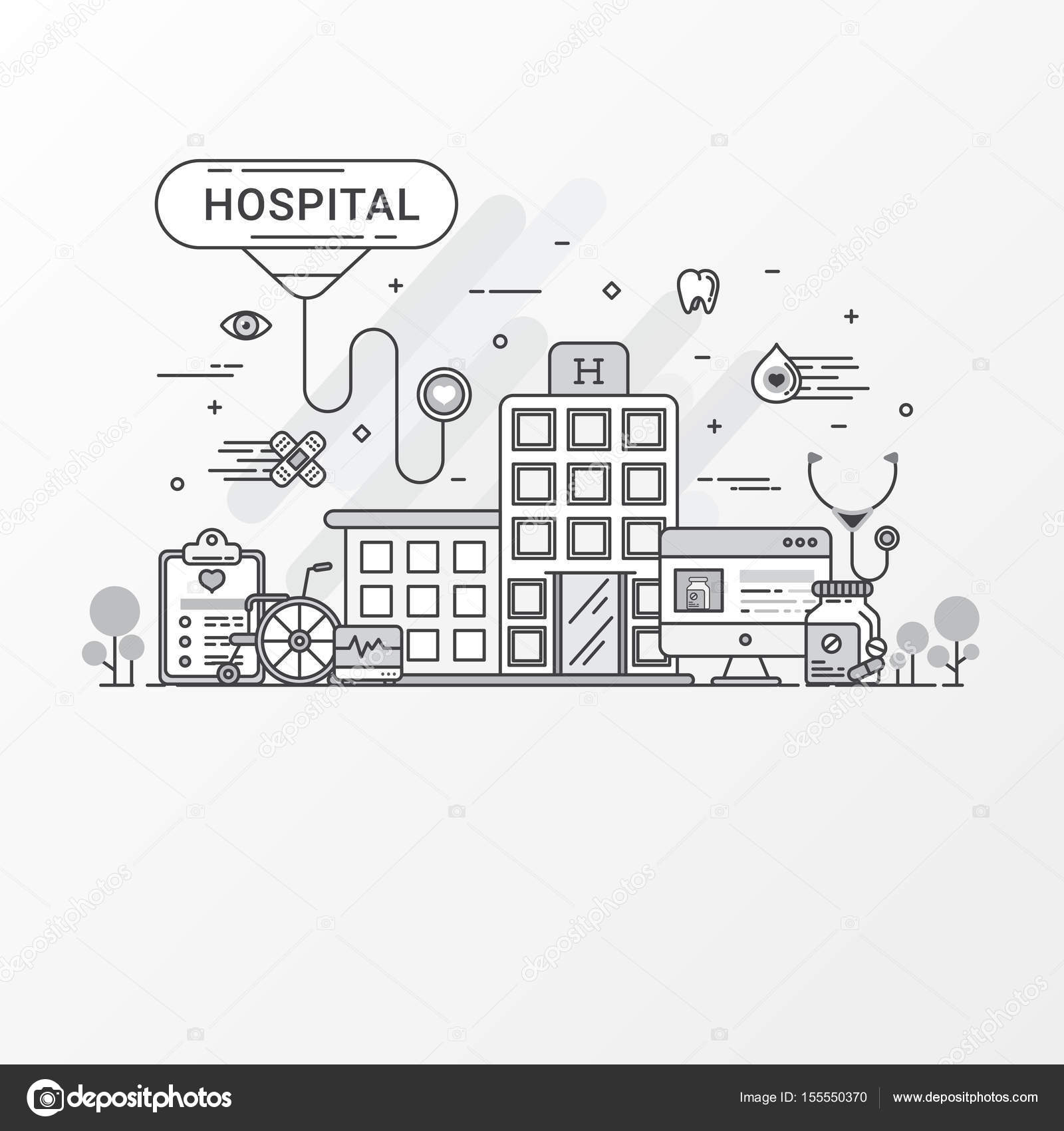 Hospital Concept Medical Vector Images Flat Line Style Set Of Healthcare Contains Icon Elements Stethoscope Pharmacy Wheelchair Hospital Website For Graphic Healthcare Hospital Flyer Info Graphics Web Elements Vector Image