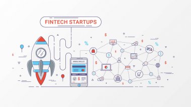 Fintech başlangıç Infographic. Finans teknolojileri ve blockchain teknoloji ve bitcoin ile yeni iş yatırım roket, dijital mobil cüzdan ve mobil ödeme, Online alışveriş simgeleri ve e-ticaret içerir. Vektör çizim.