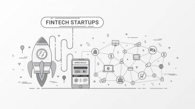 Fintech başlangıç Infographic. Finans teknolojileri ve blockchain teknoloji ve bitcoin ile yeni iş yatırım roket, dijital mobil cüzdan ve mobil ödeme, Online alışveriş simgeleri ve e-ticaret içerir. Vektör çizim.