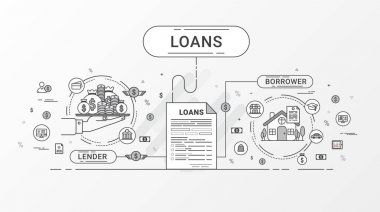Loan Infographics. Loan agreement between the lender and the borrower. Flat line icons design contains loan offer, finance, money, bank, creditor, and debtor. Vector illustration. clipart