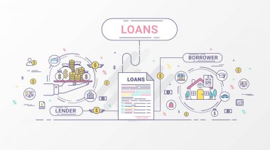 Kredi Infographics. Borç veren ile borçlu arasındaki kredi anlaşması. Düz çizgi simgeleri tasarım kredi teklif, finans, para, banka, alacaklı ve borçlu içerir. Vektör çizim.