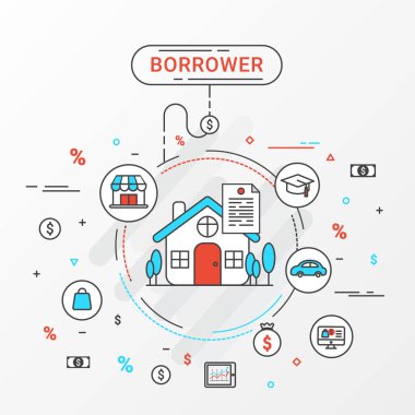 Borrower infographics design concept about borrowers and lenders. Borrow for home loan education, trading, loan shopping, commerce, and business. Flat line design create by vector. clipart