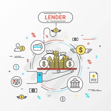 Lender infographics concept. Hand holding a money tray. Loan lending of money from bank, personal loans, credit card, organization or entity. Flat line design create by vector. Can be used for lender banner and advertisement.  clipart