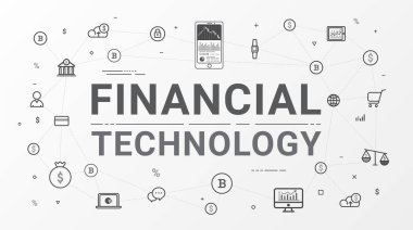 Fintech - Finans teknolojileri ve blockchain teknoloji. Ticari yatırım bilgi grafik bitcoin simgesi. Düz çizgi stili tasarım web afiş, iş başlangıç, ticari, afiş tasarımı ve reklam. Vektör çizim.