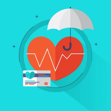Sağlık sigortası kavramı sağlık bilgi grafik öğeleri düz stil ikonları derecede kalp, şemsiye, sigorta kartı. Tıbbi afiş, hastane poster için kullanılabilir. Vektör çizim.