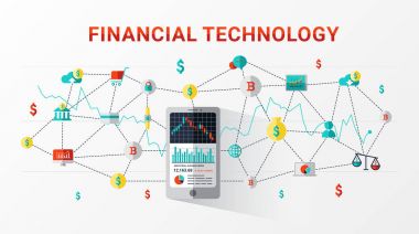 Finans teknolojileri. Fintech ve blockchain teknoloji. İş yatırım Infographic ile bitcoin kutsal kişilerin resmi. Mali exchange ve ticaret tasarım konsepti. Düz stil tasarım web afiş, iş başlangıç, ticari reklamlar için. Vektör çizim. 